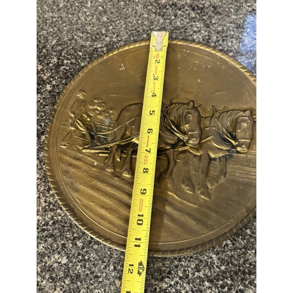 Vintage Embossed Brass Wall Plate Decorative Plate Made in England Horse & Plow - Picture 13 of 16
